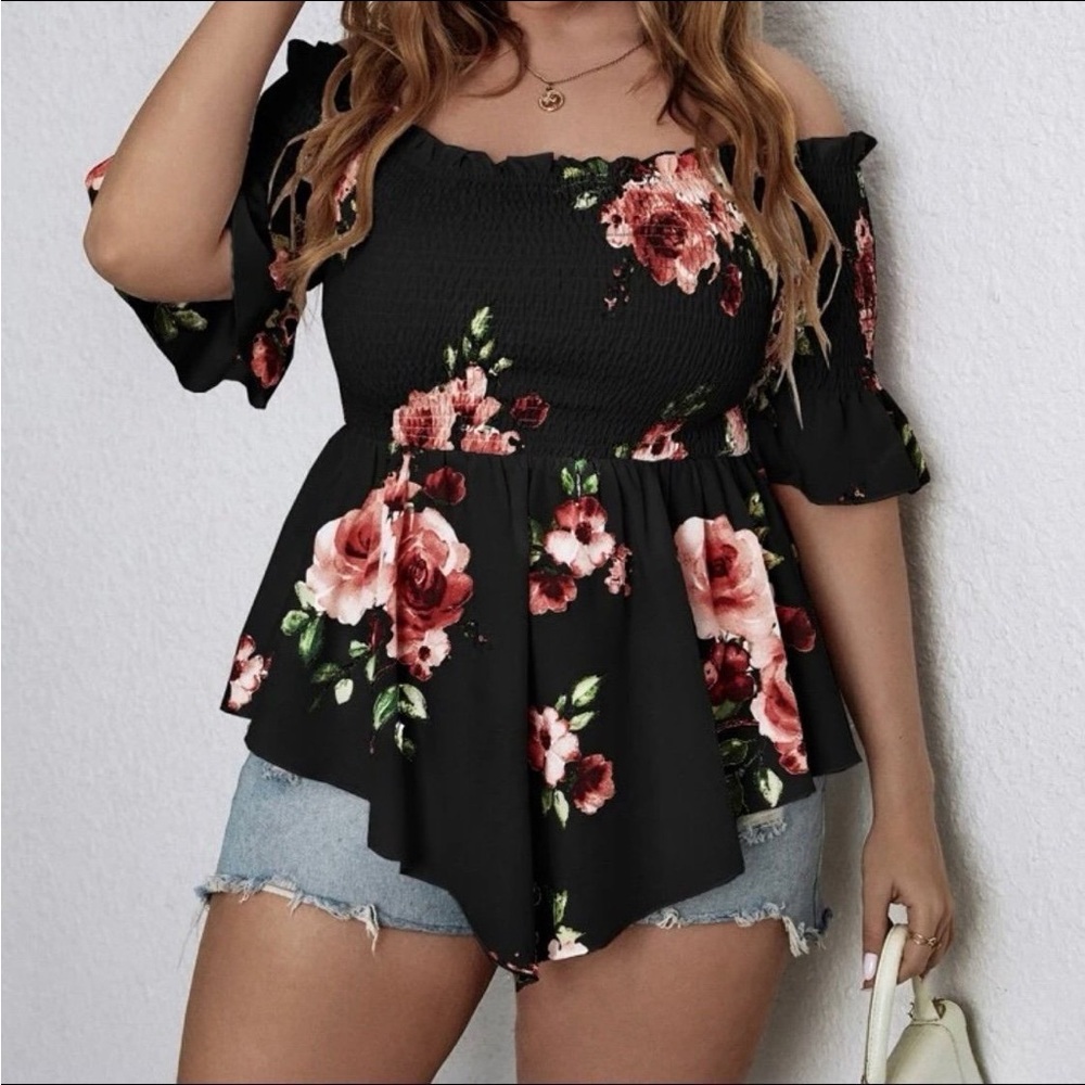 Floral Print Off the Shoulder Shirred Flounce Sleeve Peplum Chiffon Blouse.